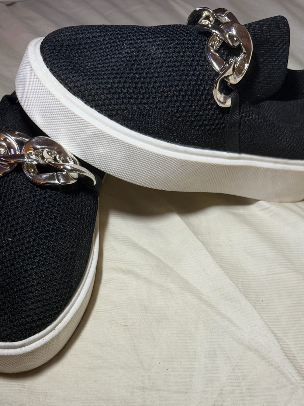 Black Slip-On Knit Sneakers with Silver Chain Accent